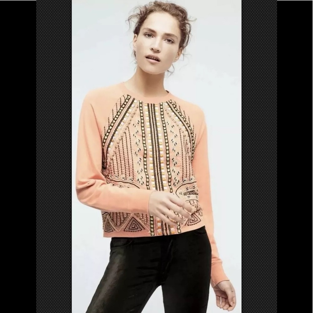 AKEMI + KIN Anthropologie Sweatshirt Top Embroidered Beaded Boho - Picture 9 of 9